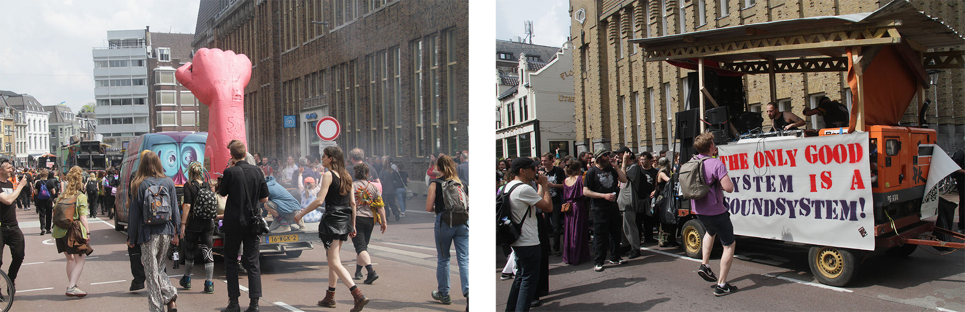 Photos of the protest organized by Rave voor de Rafelranden. Photo on the left has a pink fist is sticking out of a car and the photo on the right features a dj playing on the car with a banner saying: the only good system is a soundsystem.  